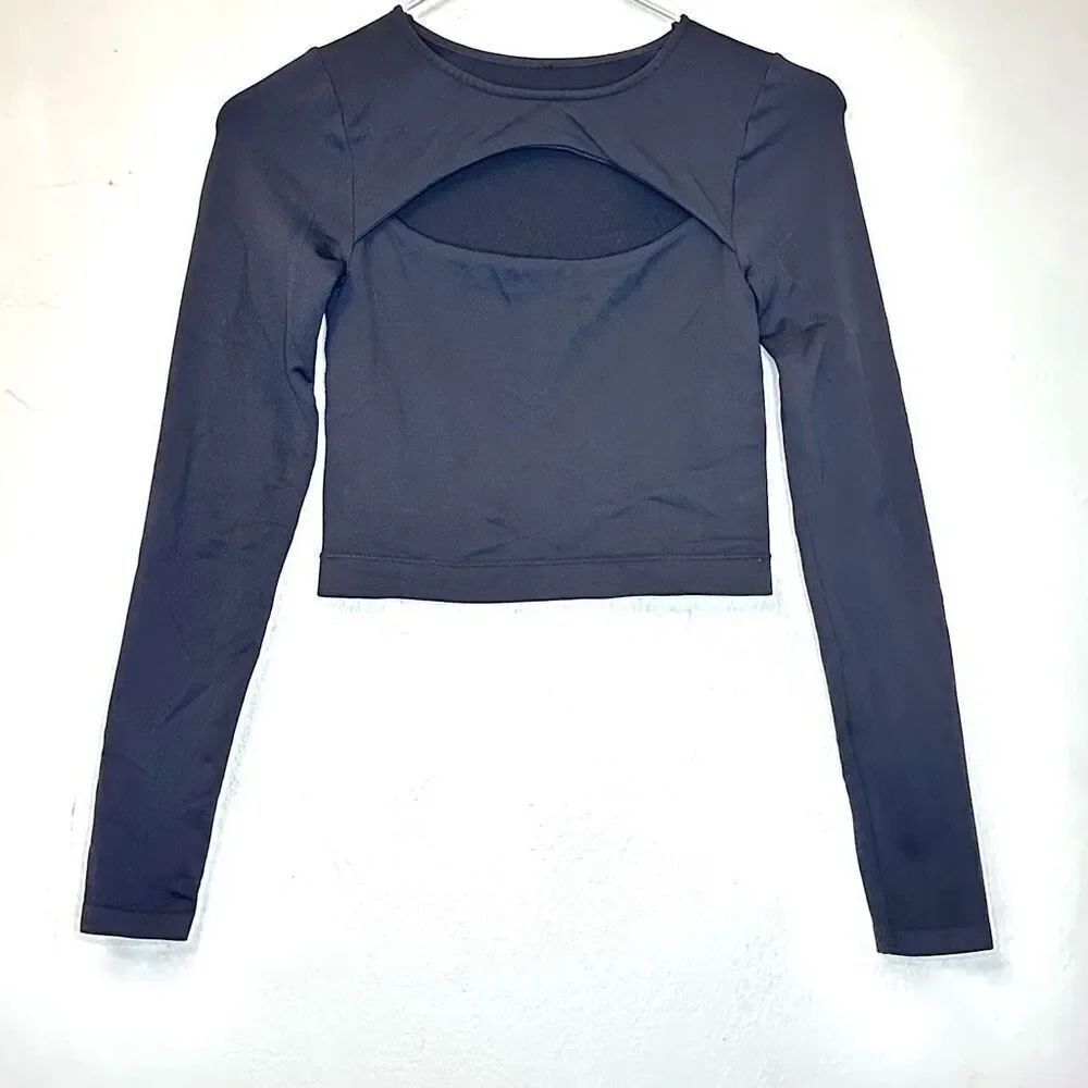 Garage Long Sleeve Crew Neck Fitted Cut Out Seamless Black Cropped Top Size XS